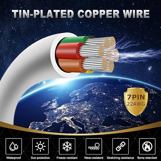 22 Gauge 7 Conductor Electrical Wire, 16.4FT White Stranded Low Voltage 22/7 PVC Case, 22 AWG Tinned Copper 7 Wire Extension Power for Strips LED Lamp Lighting