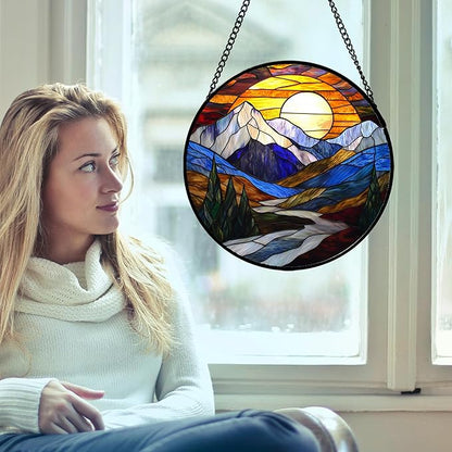 AMDERVEN Stained Glass Window Hanging, Yellow Blue Sunset Mountains Scenery Sun Catcher for Window Home Decor Landscape Suncatcher Mother's Day Birthday Gifts for Women Men Mom and Nana 15 in