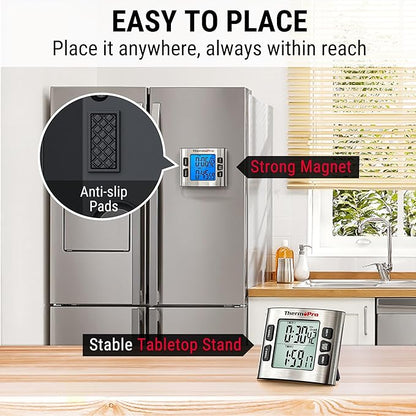 ThermoPro TM02 24 Hours Digital Timer with Dual Kitchen Timers for Cooking, Stop Watches Magnetic Timer Clock with Adjustable Alarm Volume & LCD Backlit Display, Classroom Timer for Kids & Teachers