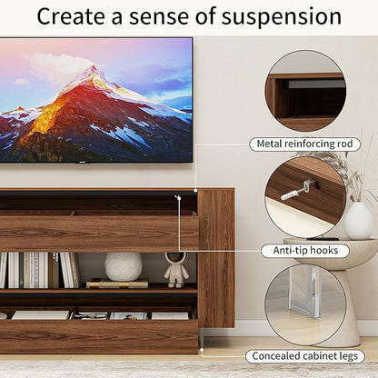 Vavkorkula TV Stand for 65 Inch with 2 Large Drawers & Hidden Storage Cabinets, Modern Farmhouse Entertainment Center Television Stands for Living Room Bedroom, Walnut