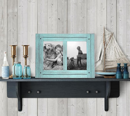 Americanflat Hinged 5x7 Double Picture Frame with 2 Photo Openings and Polished Glass - Distressed Wood Collage Picture Frames for Tabletop and Wall Display - Hampton Collection - Turquoise Blue