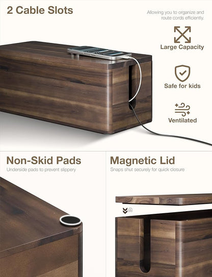 TIDITA Acacia Large Cable Management Box - Set of 2 Cord Box Hider for Office - Cable Hider Box, Surge Protector Box for TV Wires, Desk - Power Strip Box with 2 Open Slots, Magnetic Lid (Walnut color)