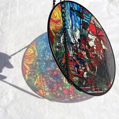 Stained Glass Window Hanging, Stunning 8''/20CM Suncatchers for Windows with Fade Resistant Hand-Painted Decorative Hanging Ornaments Captures Sunlight to Create a Vibrant Atmosphere (Beach Cafe)