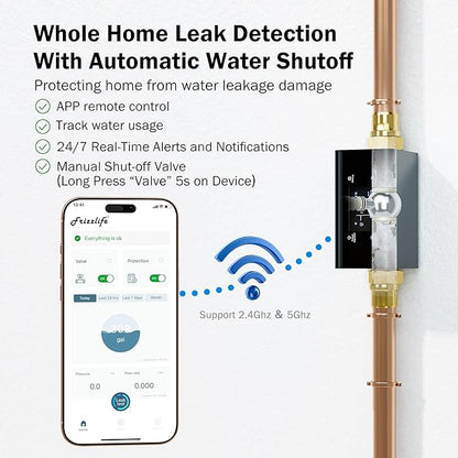 Frizzlife LP365-P 1.25-Inch Smart Water Monitor and Automatic Shutoff - 0.01GPM Ultrasonic Micro Leak Detection, APP Wi-Fi Remote Control,Pressure+Flow Monitoring, for 1-1/4-Inch Diameter Pipe