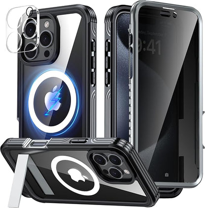360° Protection Magnetic for iPhone 16 Pro Case Built-in 9H Privacy Screen Protector & Metal Stand[Fit for Magsafe][Anti-Spy][Lens Protector] Heavy Duty Shockproof Phone Case for iPhone 16 Pro