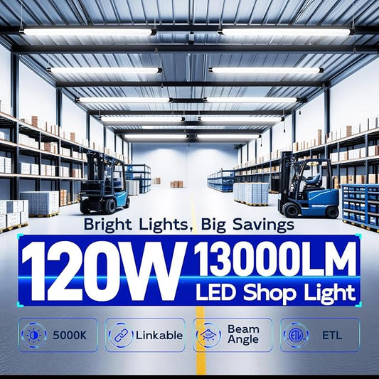 hykolity 4FT 120W LED Shop Light Linkable, 13000lm(400w Equivalent), 5000K Utility Shop Lights for Garages, Workshops, Basements, Hanging or FlushMount, with Power Cord and Pull Chain, ETL, Black