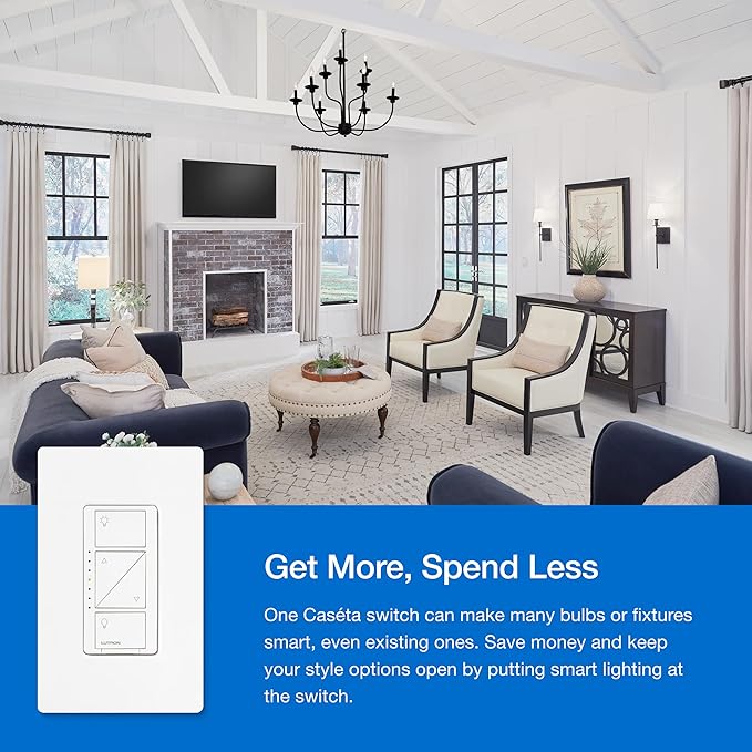 Lutron Caseta 3 Way Smart Dimmer Light Switch Kit, Includes Pico Remote, Bracket, and LED Dimmer Switch, No Neutral Required, P-PKG1WB-WH