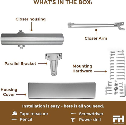 Finsbury Commercial Door Closer Automatic Heavy Duty High Traffic Adjustable ANSI/BHMA Grade 1, UL Listed ADA Compliant Hydraulic Backcheck Delayed Action Latch Speed 1-6 Power (Aluminum)