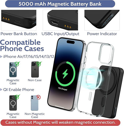 Smtcsl 3-in-1 Wireless Charging Station: Portable 5000mAh Power Bank Charger Compatible for Phone Air/17/16/15/14/13/12 Series and Watch - Detachable Magnetic Charging Stand Black