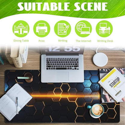 Eflxamz Large Gaming Mouse Pad,Golden Lines Honeycomb Technology Desk Mat,Honeycomb Technology Desk Pad,Extended Computer Keyboard Mouse Pad with Non-Slip Base and Stitched Edge,35.4"x15.7"