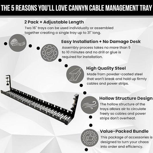 No Drill Under Desk Cable Management Tray - Extendable 16" to 31" Sturdy Steel Desk Cord Hider Raceway - Under Desk Cable Tray Holder with 38 Wire & Cable Rack Organizer Accessories - Black