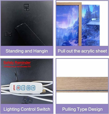 URVIP LED Glowing Photo Frame, 3D Starry-Sky Blue Moon Wall Art, 9x12 Inches Dimmable Light Up Light Painting for Bedroom, Unique Aesthetic Decor, Great Birthday Gift for Women Men