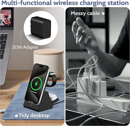 Smtcsl 3-in-1 Wireless Charging Station: Portable 10000mAh Power Bank Charger Compatible for Phone Air/17/16/15/14/13/12 Series and Watch - Detachable Magnetic Charging Stand Black