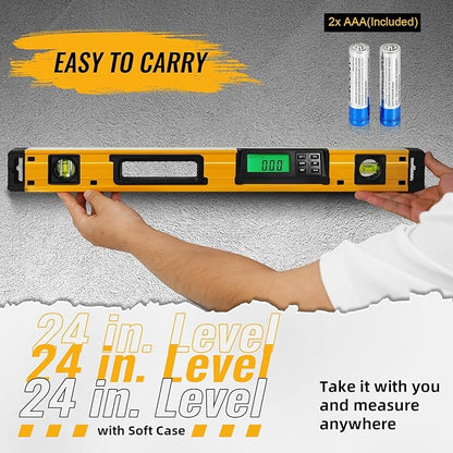 24 Inch Smart Digital Level, LCD Screen Magnetic Electronic Level Tool with Batteries & Case, IP54 Dust and Waterproof Digital Torpedo Level & Protractor, 24" Precision Slope Leveler Measurement Tool
