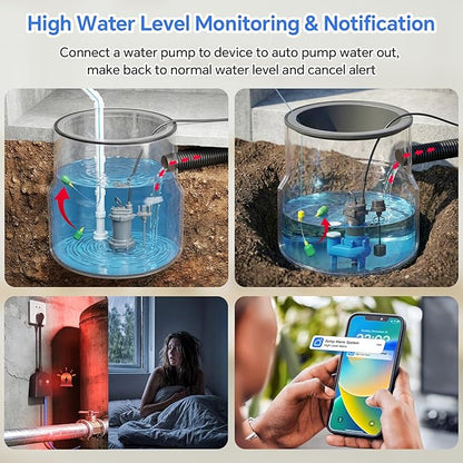 Sump Pump Alarm WiFi, Smart High/Low Water Level Alarm, Free App Notification & 120dB Alarm, Built-in Backup Battery, IPX4 Waterproof, with 10ft Float Switch for Basement Sump, Water Tank, Septic Tank