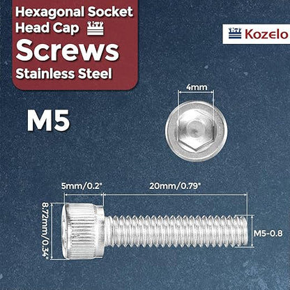 Kozelo 50pcs Socket Head Cap Screws - [M5-0.8 x 20mm] 304 Stainless Steel Allen Socket Drive for Electrical Motor 3D Printing Fan Engine Replacement Use, Silver
