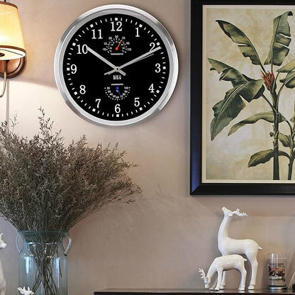 HITO 12 Inch Silent Wall Clock Battery Operated Non Ticking Glass Cover Silver Aluminum Frame, for Kitchen, Bedroom, Home Office, Living Room Decor (12" Black)