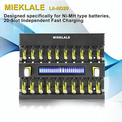 MIEKLALE 20+2 Bay AA AAA Battery Charger with Smart LCD Display Fast Charging for AA AAA NiMH NiCd & 9V Rechargeable Batteries, 2 Separate Charging Slot for 9V Batteries