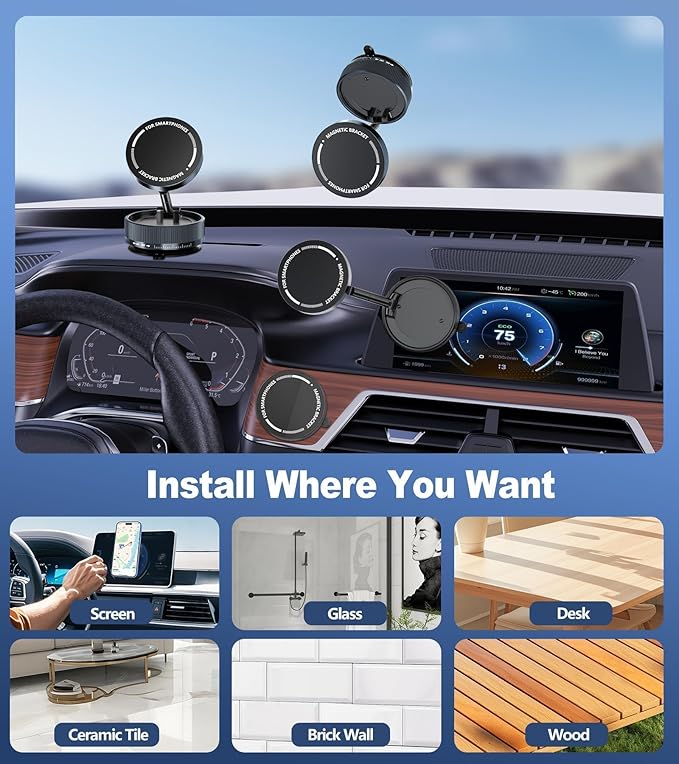 Vacuum Magnetic Phone Holder, Suction Cup Phone Mount for Car [80 LBS Strongest Suction & 2400gf Strongest Magnetic] 3s Fast Install, 360 Rotatable Phone Stand for iPhone Android Mirror & Gym