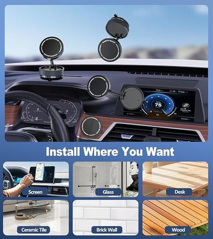 Vacuum Magnetic Phone Holder, Suction Cup Phone Mount for Car [80 LBS Strongest Suction & 2400gf Strongest Magnetic] 3s Fast Install, 360 Rotatable Phone Stand for iPhone Android Mirror & Gym