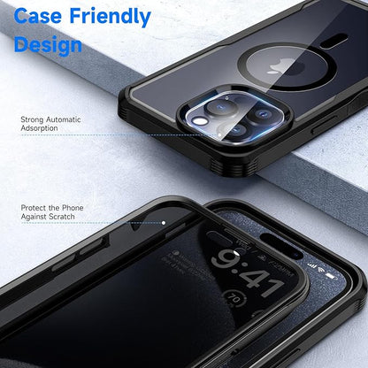 seacosmo for iPhone 15 Pro Max Case, Full Body Bumper with Built-in 9H Tempered Glass Privacy Screen and Camera Lens Protector, Compatible with MagSafe, Shockproof 15 Pro Max Phone Case, 6.7", Black