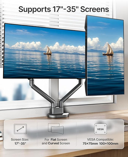 monTEK Dual Monitor Stand for 2 Screens 17 to 35 Inch, Heavy Duty Monitor Mount Arm, VESA Mount Desk Stand with C-Clamp/Grommet Base, Holds up to 24.3 lbs Per Arm, VESA 75/100mm, Gray, MA1010DG-D