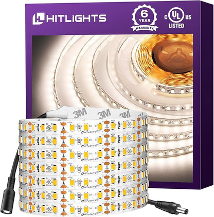 HitLights White LED Strip Lights 4000K,16.4ft High Density 12V Tape Light, UL Listed, 600 LEDs, CRI>90, 300Lm/ft, Flexible Dimmable Rope Lights for Bedroom, Kitchen, Cabinet(Power Source Not Included)