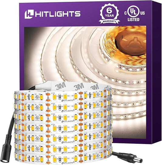 HitLights White LED Strip Lights 4000K,16.4ft High Density 12V Tape Light, UL Listed, 600 LEDs, CRI>90, 300Lm/ft, Flexible Dimmable Rope Lights for Bedroom, Kitchen, Cabinet(Power Source Not Included)