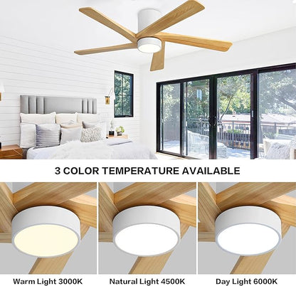 WINGBO 48 Inch Flush Mount DC Ceiling Fan with Lights and Remote, 5 Reversible Carved Wood Blades, 6-Speed Noiseless DC Motor, Hugger Ceiling Fan in White Finish with Oak Blades, ETL Listed
