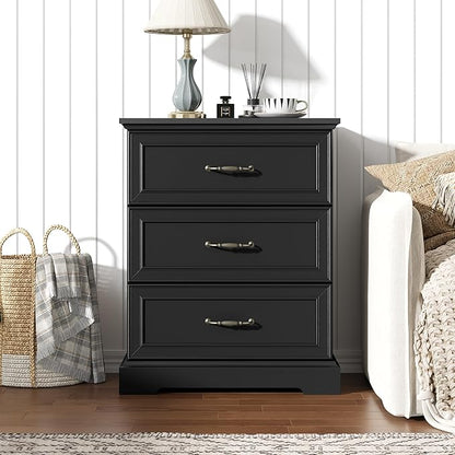 Nightstand with 3 Large Drawers,24" Wide End Table with Metal Handles,Rustic Farmhouse Wood Small Dresser,Bedside Table,Modern Chest of Drawers for Bedroom,Living Room,Black