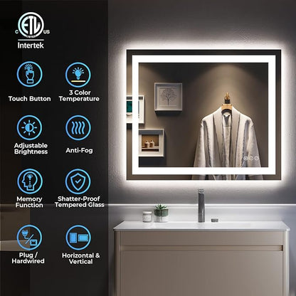 YEELAIT 36x30 Inch LED Bathroom Mirror with Lights Front and Backlit Lighted Vanity Mirror for Bathroom Wall with 3 Colors Dimmable Anti-Fog Memory Shatter-Proof IP54 Waterproof Horizontal/Vertical