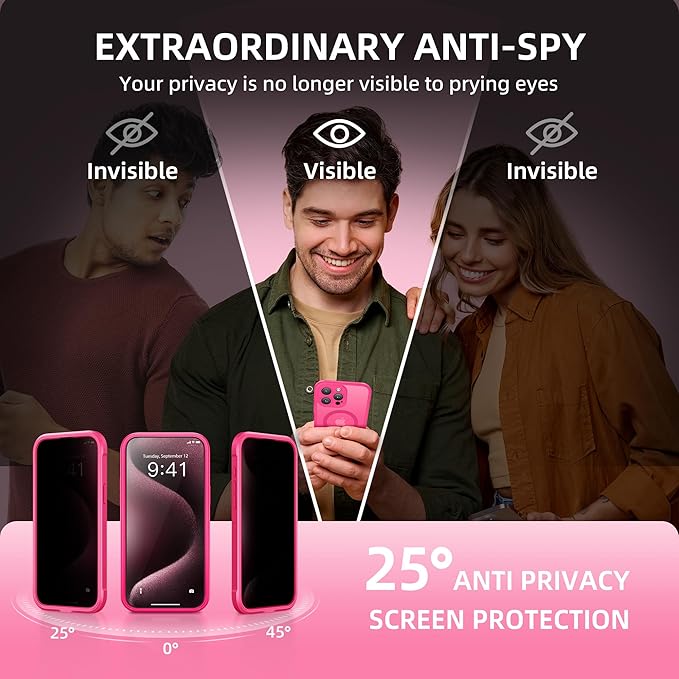 Magnetic for iPhone 15 Pro Max Case, Compatible with MagSafe, Built-in Privacy Screen Protector and Camera Protection, Anti Spy Full Body Dustproof Shockproof Hard Phone Case 6.7", Hot Pink