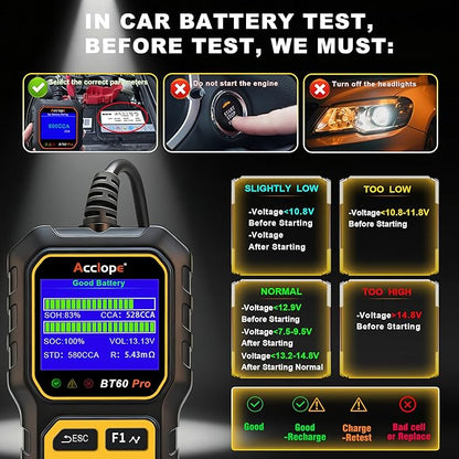 Acclope BT60 Pro Car Battery Tester, Digital Analyzer with Cloud Printing, 100-3000 CCA Range for 6V/12V/24V AGM, Lithium, Gel Batteries, Automotive Charging System