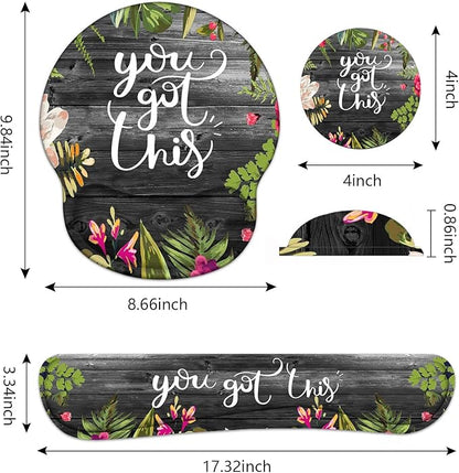 Keyboard Wrist Rest and Mouse Pad Wrist Support Set with Coasters, You Got This Inspirational Quote Wrist Support Mouse Pad with Non-Slip PU Base for Computer Laptop Home Office Working Studying