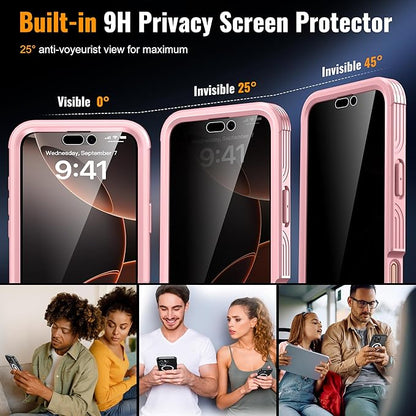 Magnetic & Stand for iPhone 16 Pro Max Case Built-in Privacy Screen Protector[360° Full Body Protection][Fit for Magsafe][Lens Protector] Heavy Duty Shockproof Case for iPhone 16 Pro Max Pink