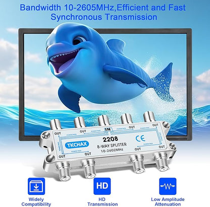 TKCHAX 8 Way Coaxial Cable Splitter,Support 10-2602MHz, RG6 Compatible, Nickel-Plated for Cable Splitter,Work with CATV, Satellite TV,Antenna System and MoCA Configurations