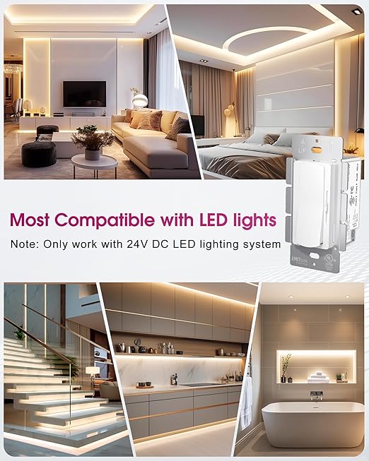 Dimmer Light Switch & 24V 60W Dimmable LED Driver 2 in 1, 2PK Single-Pole or 3-Way Slide Dimmer Switches for Led Strip Lights,120VAC to 24VDC Power Supply for Low Voltage Project, UL Listed