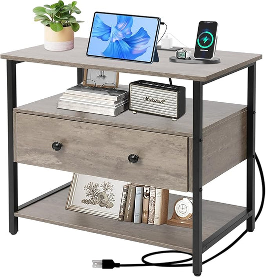 Edbuosy 27 Inch Wide Night Stand with Charging Station, Wood Nightstand with Open Shelf, Large Drawer Bedside Table for Living Room/Bedroom/Office (Rustic Gray)