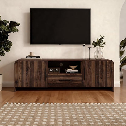 LuxenHome 70" Mid-Century Modern TV Stand for TVs up to 75", Walnut Finish TV Stand with Rounded Corners, Entertainment Center Console with 2 Doors & 1 Drawer for Living Room, Bedroom
