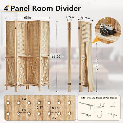 Aleesing 4 Panel Pegboard Display with 16 Hooks, Wooden Pegboard Room Divider Wall with Shelf, Partition Room Dividers and Folding Privacy Screens, Bedroom, Jewelry Store, Natural