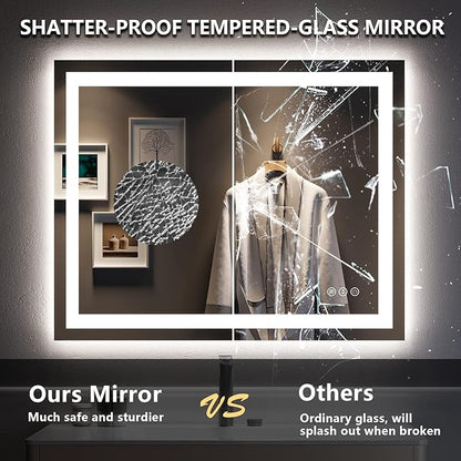 YEELAIT 40x32 Inch LED Bathroom Mirror with Lights Front and Backlit Lighted Vanity Mirror for Bathroom Wall with 3 Colors Dimmable Anti-Fog Memory Shatter-Proof IP54 Waterproof Horizontal/Vertical