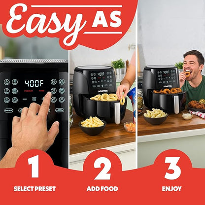 Gourmia Air Fryer - 6 Qt Large Capacity, FryForce 360º, Digital Display with 12 Presets, Roast, Bake, Broil, Dehydrate, Dishwasher Safe Accessories, Black