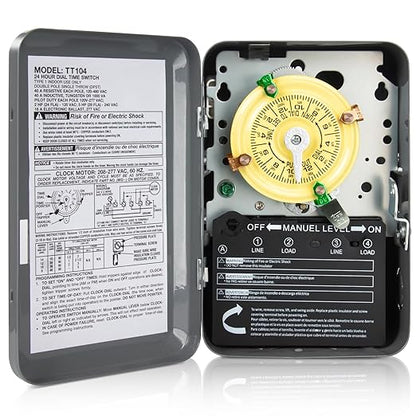 T104 Electromechanical Timer Switch for Lights, Fans, HVAC, 208-277 VAC 40A DPST, 5HP, 12 ON/Off Cycles, Tripper Included – Heavy Duty Pool Timer