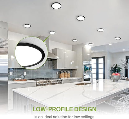 ASD 4 Pack 11/12 Inch LED Recessed Lighting 24W, 5 CCT 2700K-5000K CRI90+, IC Rated Ultra Thin Dimmable Ceiling Lights with J Box, Canless Wafer Downlight, Round Slim Panel Light, UL Listed, Black