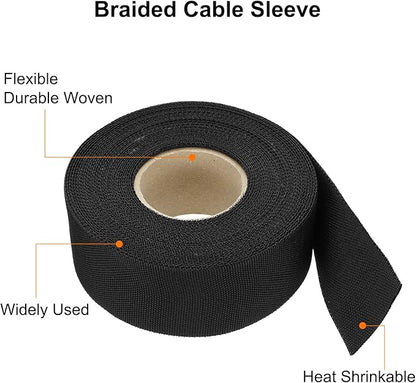 MECCANIXITY Braided Cable Sleeves Heat Shrinkable Fabric Sleeving, 1 3/8" 40ft Black 2:1 Ratio Heat Shrinkable Cord Protector for Harness Cable, Network Cable Protection, Cable Management
