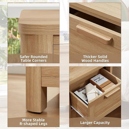 Joaxswe Farmhouse Nightstand with Charging Station, End Tables Bedroom with 2 Large Drawers & 4 Thickened Table Legs, Natural Wood