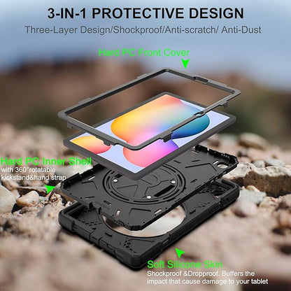 BRAECN for Samsung Galaxy Tab S6 lite Case 10.4 inch 2024/2022,Rugged Shockproof Case with 360 Rotating Hand Strap&Kickstand, Shoulder Strap, S Pen Holder for Samsung Galaxy Tab S6 Lite Tablet -Black