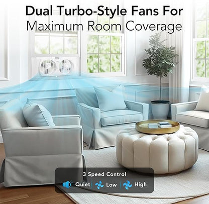 Comfort Zone Window Fan for Bedroom, 9 inch 3 Speed Dual Fans with Auto-Locking Expanders, Window Exhaust Fan, Removeable Bug Screen, White