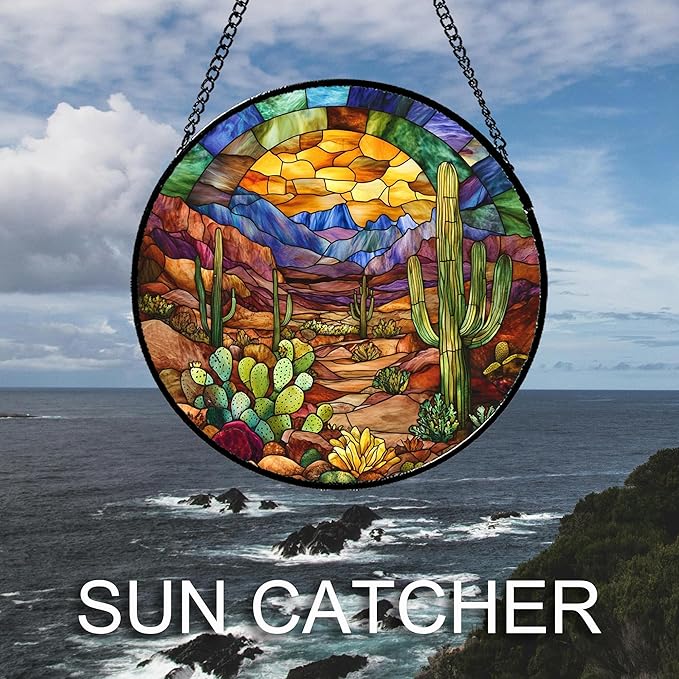 CRISGIF Stained Glass Window Hanging Cactus Mountains Landscape 9.8" - Suncatcher Door Garden Sunroom Sun Catcher Home Decor Birthday Christmas for Mom Men Woman Nana