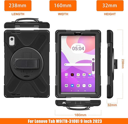 Junfire Shockproof Case for Lenovo Tab M9 2023 with Built-in Screen Protector, Heavy Duty Rugged Case with 360°Rotatable Kickstand/Hand Strap/Stylus Holder for TB-310FU/TB-310FX, Black